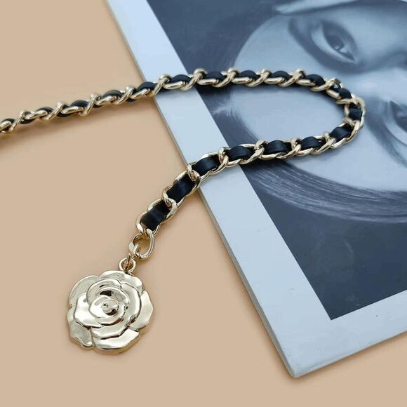 NEW Gold Black Rose Camellia Flower Charms Interwoven Chain Belt - Picture 9 of 14